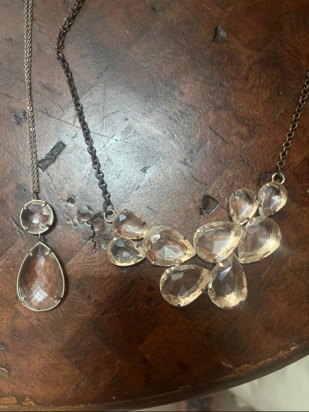 2 Clear Teardrop Crystal Statement Necklaces - Gold Tone